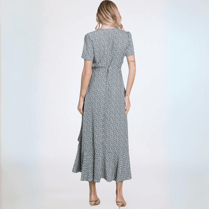 Made in USA Women's Seafoam Printed Floral Surplice Wrap Style Maxi Dress With Tie Side  | Classy Cozy Cool Women's Made in America Boutique