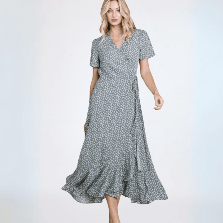 Made in USA Women's Seafoam Printed Floral Surplice Wrap Style Maxi Dress With Tie Side  | Classy Cozy Cool Women's Made in America Boutique
