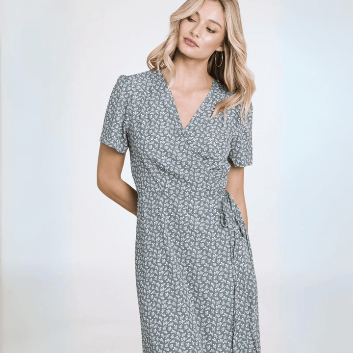 Made in USA Women's Seafoam Printed Floral Surplice Wrap Style Maxi Dress With Tie Side  | Classy Cozy Cool Women's Made in America Boutique