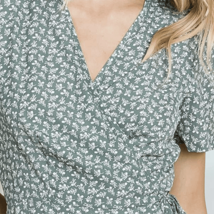 Made in USA Women's Seafoam Printed Floral Surplice Wrap Style Maxi Dress With Tie Side  | Classy Cozy Cool Women's Made in America Boutique