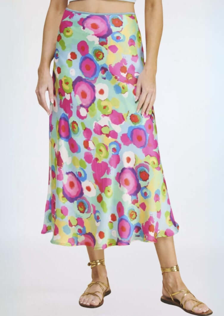 Women's Colorful Satin Midi/Maxi Skirt Aqua & Fuchsia Made in USA | Made in USA | Classy Cozy Cool Made in America Women's Clothing Boutique