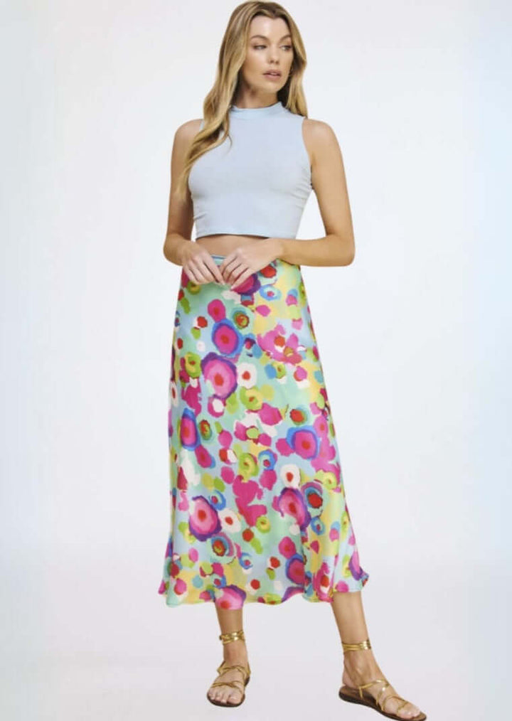 Women's Colorful Satin Midi/Maxi Skirt Aqua & Fuchsia Made in USA | Made in USA | Classy Cozy Cool Made in America Women's Clothing Boutique