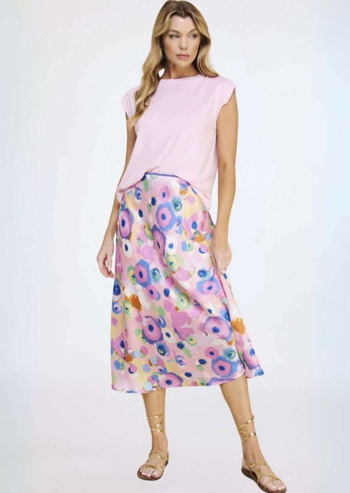 Women's Colorful Dressy Satin Midi/Maxi Skirt in Pink & Lilac  | Made in USA | Classy Cozy Cool Made in America Women's Clothing Boutique