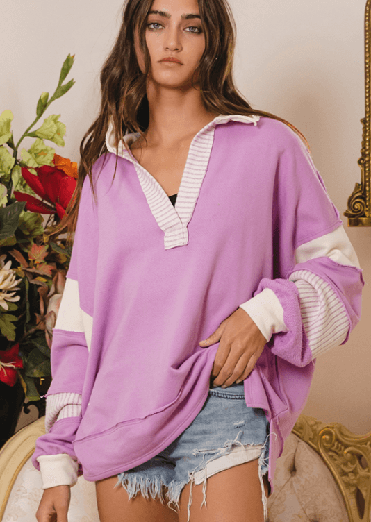 Brand: Bucket List Style# T2004 | Oversized Ladies French Terry 100% Cotton Color Block Sweatshirt with Collar in Lavender & Cream | Made in USA