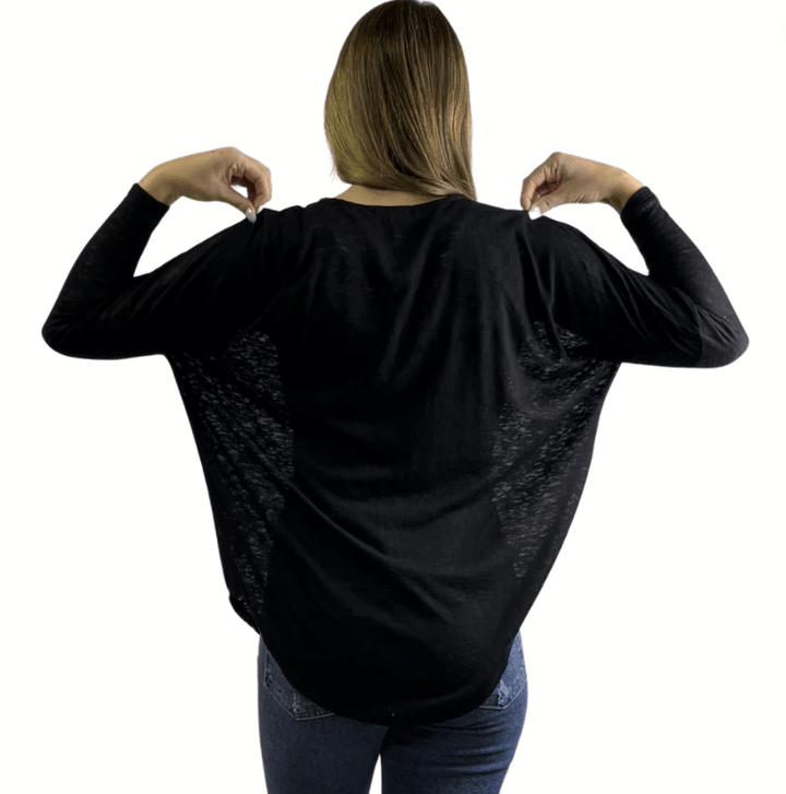 Made in USA Ladies Zipper Neckline Oversized Top Dolman Sleeves Burnout Look Top in Black - Slightly Sheer | Classy Cozy Cool Women's Made in USA Boutique