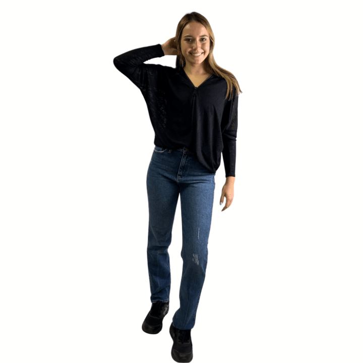Made in USA Ladies Zipper Neckline Oversized Top Dolman Sleeves Burnout Look Top in Black - Slightly Sheer | Classy Cozy Cool Women's Made in USA Boutique