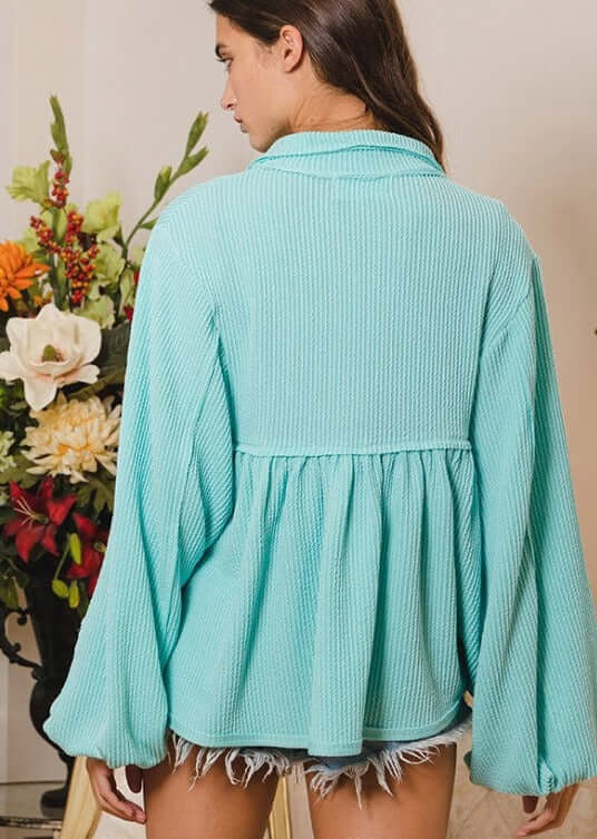 Textured Aqua Blue Women's Baby Doll Bubble Sleeve Top | Bucket List Clothing | Style # T1902 |  Made in USA | Classy Cozy Cool Women’s Clothing Boutique