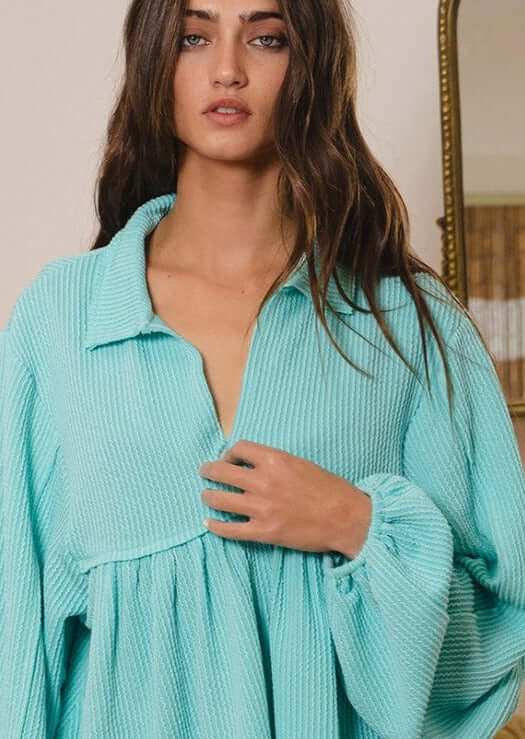Textured Aqua Blue Women's Baby Doll Bubble Sleeve Top | Bucket List Clothing | Style # T1902 |  Made in USA | Classy Cozy Cool Women’s Clothing Boutique