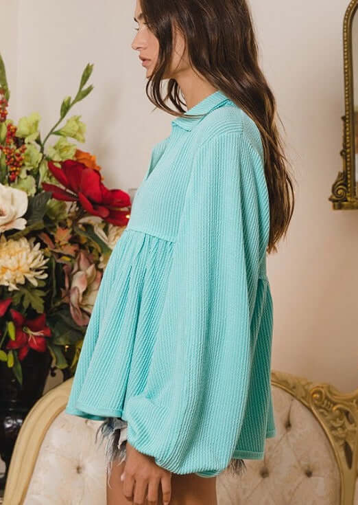 Textured Aqua Blue Women's Baby Doll Bubble Sleeve Top | Bucket List Clothing | Style # T1902 |  Made in USA | Classy Cozy Cool Women’s Clothing Boutique