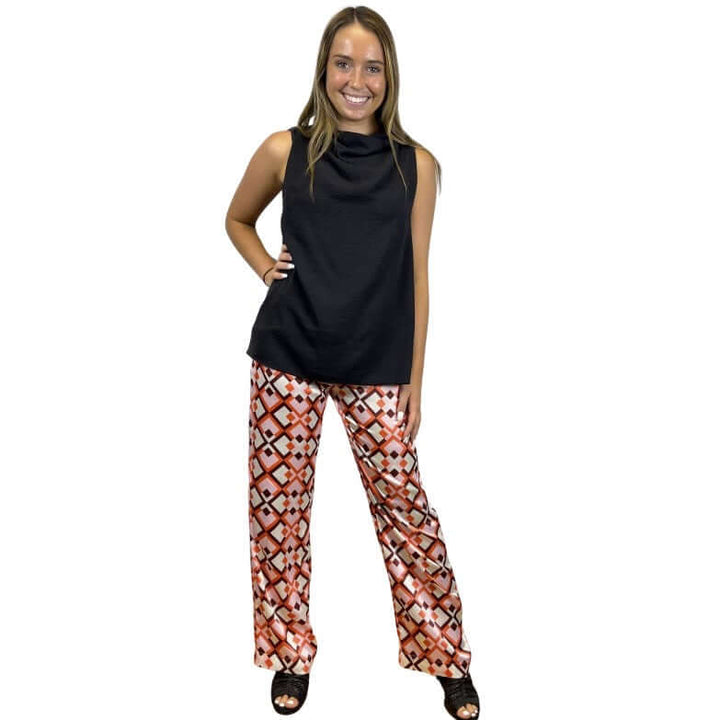 USA Made Ladies Pink Retro Pattern Satin Pants by If She Loves Style # ISP1235A | High Rise with Elastic Waist | Classy Cozy Cool Women's Made in America Clothing Boutique