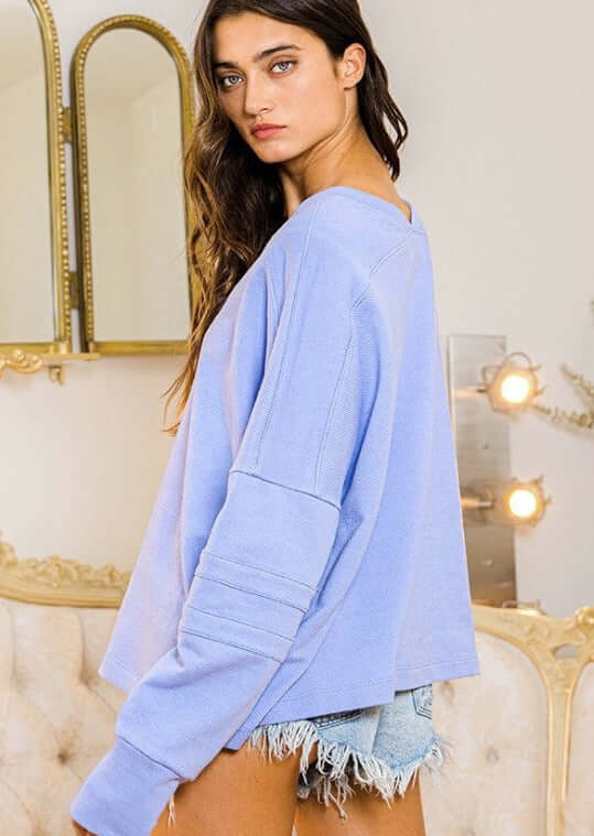 Bucket List Style T2211 | USA Made Ladies Iris Blue Oversized Slouchy Soft & Cozy Sweatshirt with V-Neck | Classy Cozy Cool Women's American Boutique
