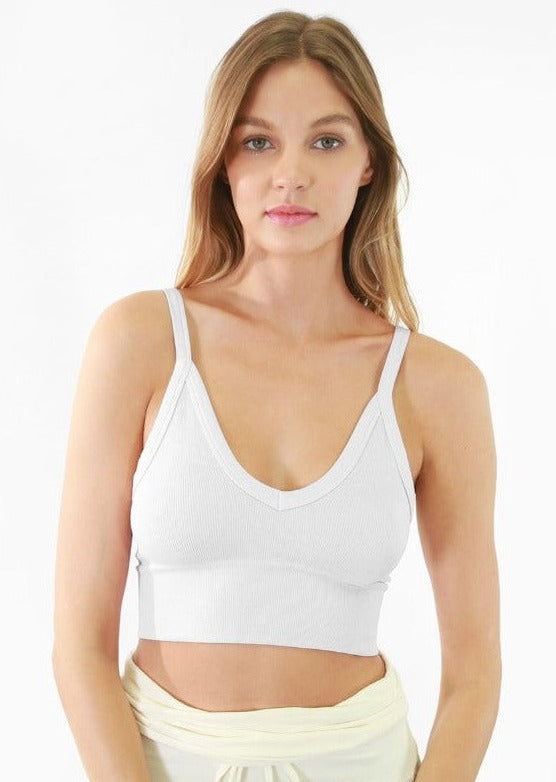 NikiBiki Ladies Fitted Vintage V-Neck Ribbed Bra Top Style NS8187  in White| Made in USA | Classy Cozy Cool Women's Made in America Boutique