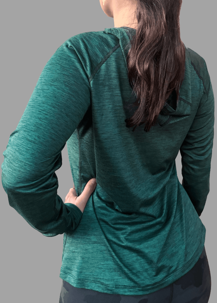 Discover premium female athleisure hoodies, 100% made in the USA. Stylish, durable, and perfect for your active lifestyle. Crafted for active women, this female sun hoodie in Scarab Green is more than just stylish—it's made to perform.