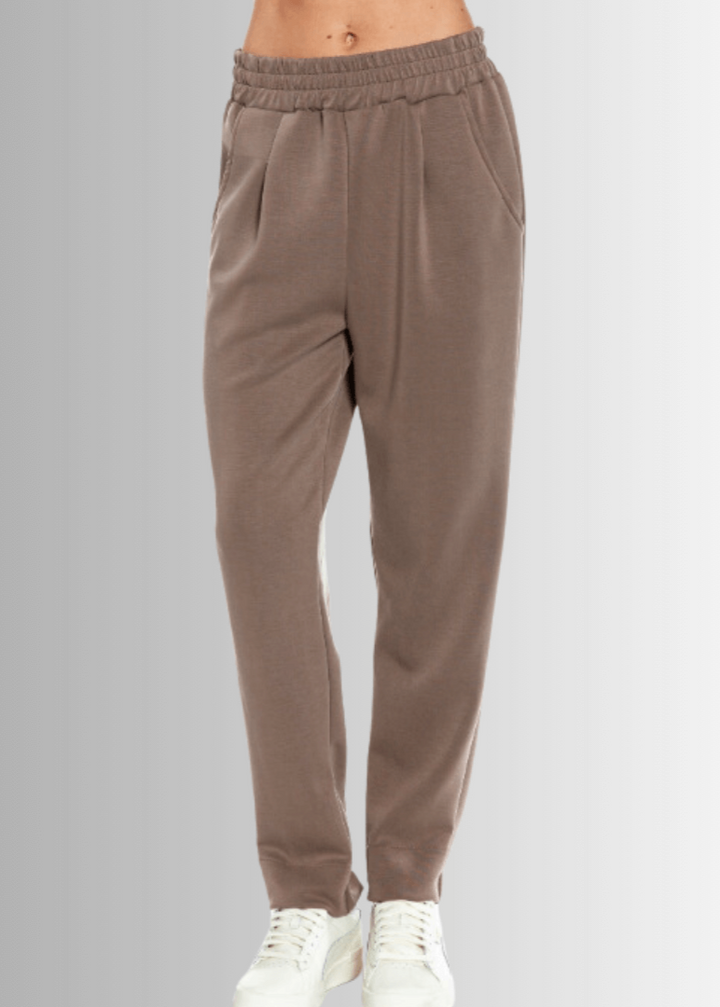 Made in USA Women's Super Soft Relaxed Fit Tapered Pant, Material Compares to LuLulemon Scuba Line, With Side Pockets in Brown