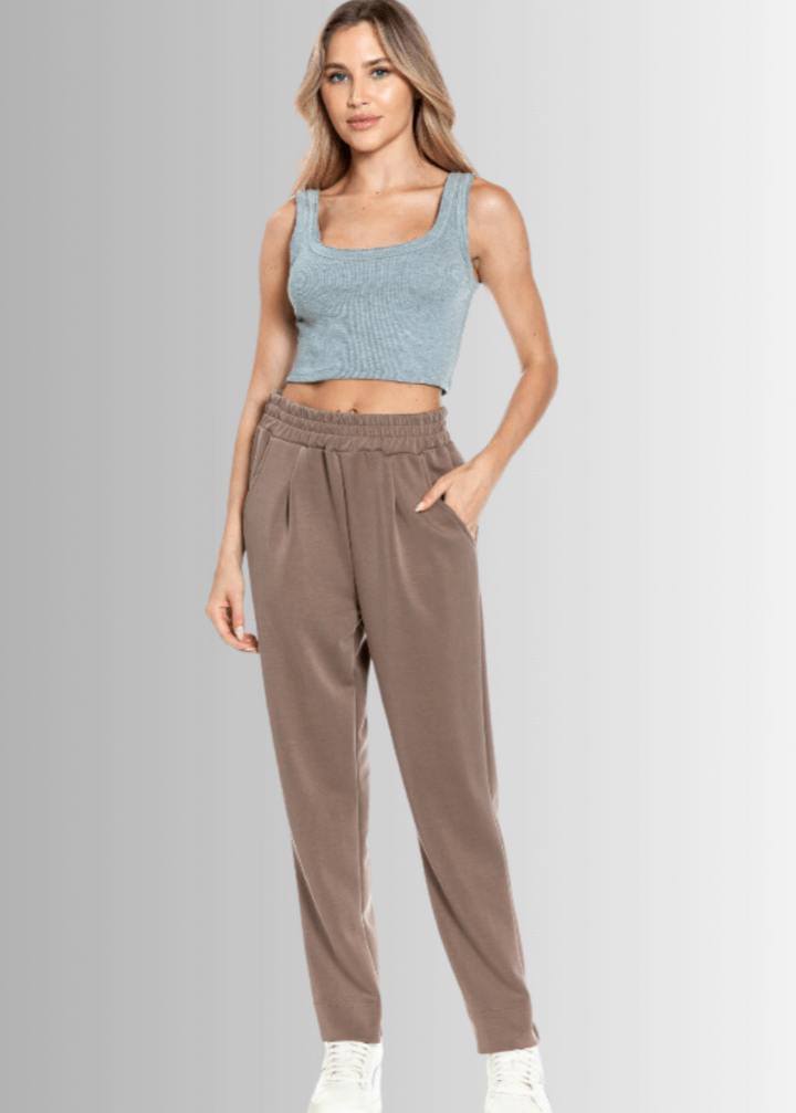 Made in USA Women's Super Soft Relaxed Fit Tapered Pant, Material Compares to LuLulemon Scuba Line, With Side Pockets in Brown
