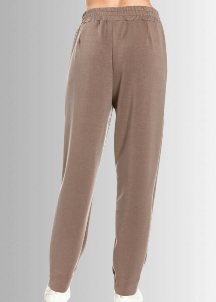 Made in USA Women's Super Soft Relaxed Fit Tapered Pant, Material Compares to LuLulemon Scuba Line, With Side Pockets in Brown