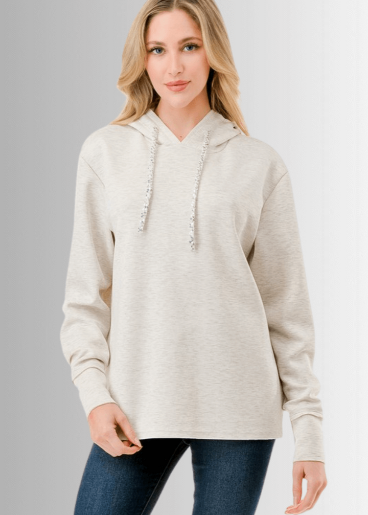 Made in USA Women's Super Soft Relaxed Fit Hoodie with Sequin Drawstring, Material Compares to LuLulemon Scuba Line in Heather Oatmeal