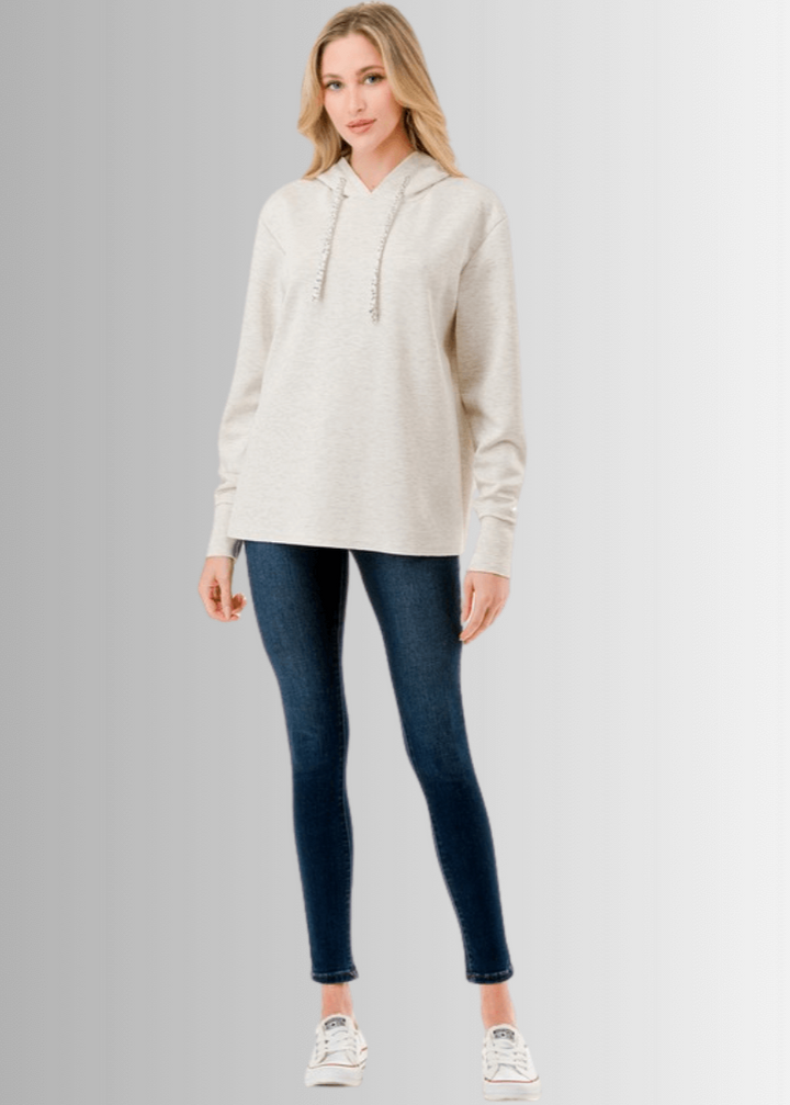 Made in USA Women's Super Soft Relaxed Fit Hoodie with Sequin Drawstring, Material Compares to LuLulemon Scuba Line in Heather Oatmeal