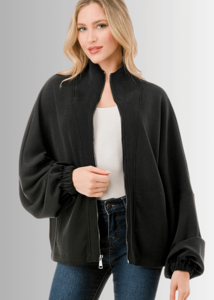 Made in USA Women's Super Soft Relaxed Fit Zip Front Jacket, Material Compares to LuLulemon Scuba Line, Wrinkle Resistant, Medium Weight Material, Side Pockets in Black