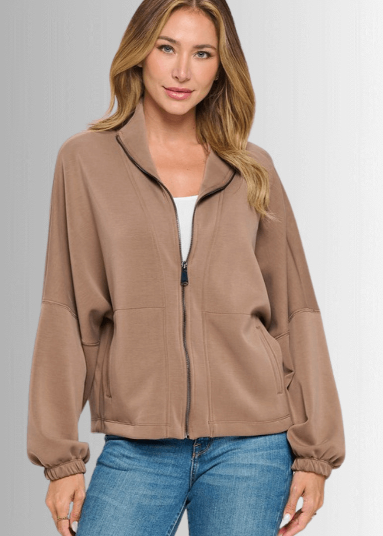 Made in USA Women's Super Soft Relaxed Fit Zip Front Jacket, Material Compares to LuLulemon Scuba Line, Wrinkle Resistant, Medium Weight Material, Side Pockets in Brown