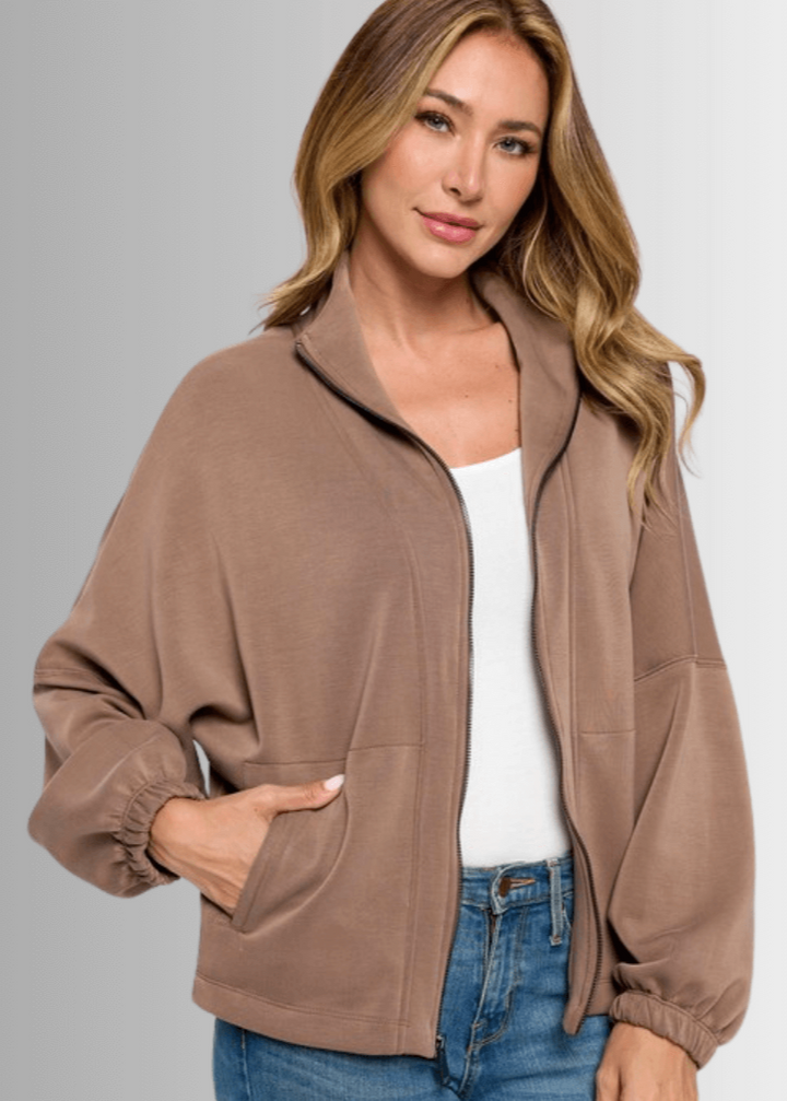 Made in USA Women's Super Soft Relaxed Fit Zip Front Jacket, Material Compares to LuLulemon Scuba Line, Wrinkle Resistant, Medium Weight Material, Side Pockets in Brown
