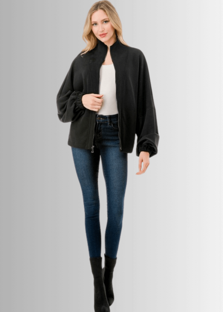 Made in USA Women's Super Soft Relaxed Fit Zip Front Jacket, Material Compares to LuLulemon Scuba Line, Wrinkle Resistant, Medium Weight Material, Side Pockets in Black