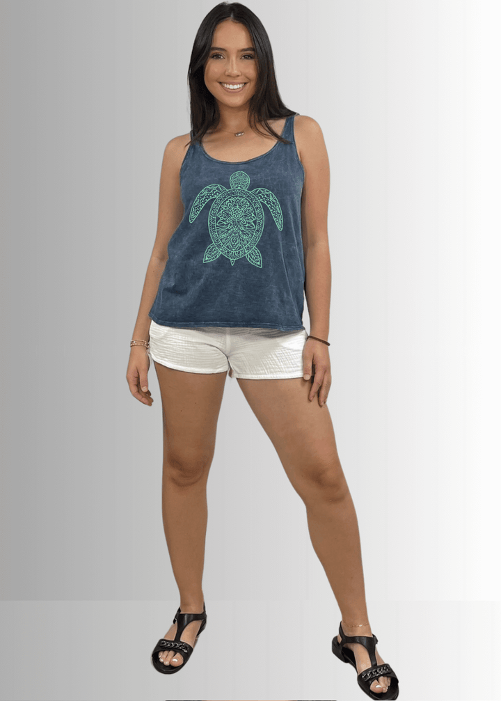 Made in USA Women's Mint Green Sea Turtle Graphic on Sustainable Durable Premium America-made Cotton Dark Grey Blue Denim Tank Top, Mineral Washed Vintage Look | Classy Cozy Cool Made in USA Boutique