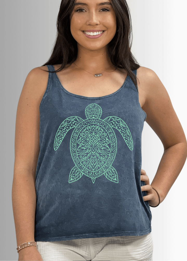 Made in USA Women's Mint Green Sea Turtle Graphic on Sustainable Durable Premium America-made Cotton Dark Grey Blue Denim Tank Top, Mineral Washed Vintage Look | Classy Cozy Cool Made in USA Boutique