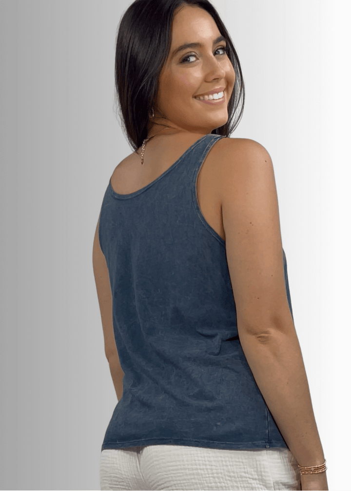 Made in USA Women's Mint Green Sea Turtle Graphic on Sustainable Durable Premium America-made Cotton Dark Grey Blue Denim Tank Top, Mineral Washed Vintage Look | Classy Cozy Cool Made in USA Boutique