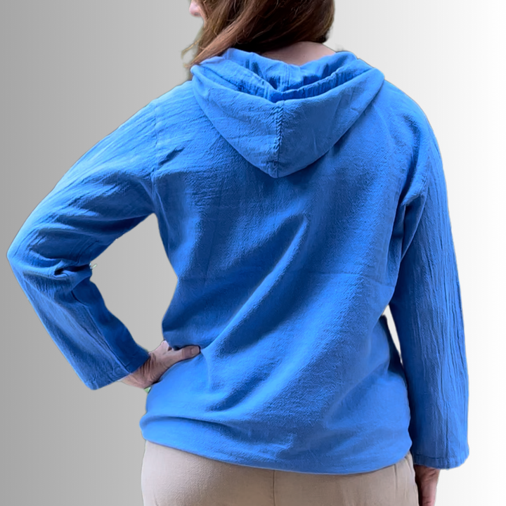 Made in USA Women's 100% Cotton Lightweight Button Down Beach Hoodie with Pockets in Blue | Classy Cozy Cool Women's Made in America Boutique