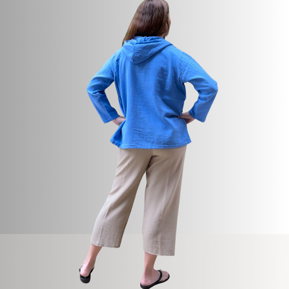 Made in USA Women's 100% Cotton Lightweight Button Down Beach Hoodie with Pockets in Blue | Classy Cozy Cool Women's Made in America Boutique