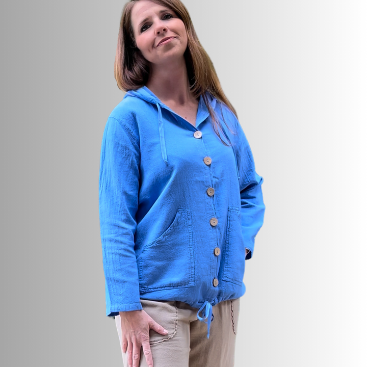 Made in USA Women's 100% Cotton Lightweight Button Down Beach Hoodie with Pockets in Blue | Classy Cozy Cool Women's Made in America Boutique