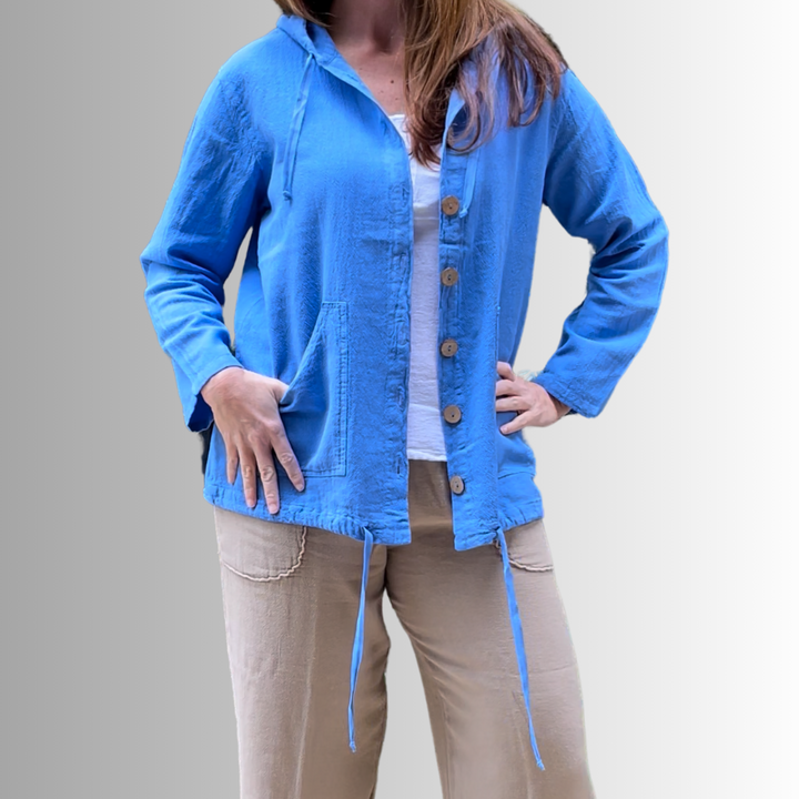 Made in USA Women's 100% Cotton Lightweight Button Down Beach Hoodie with Pockets in Blue | Classy Cozy Cool Women's Made in America Boutique