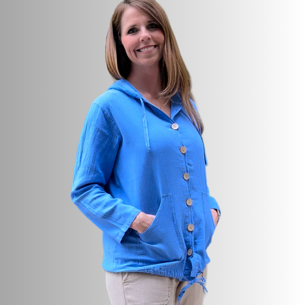 Made in USA Women's 100% Cotton Lightweight Button Down Beach Hoodie with Pockets in Blue | Classy Cozy Cool Women's Made in America Boutique