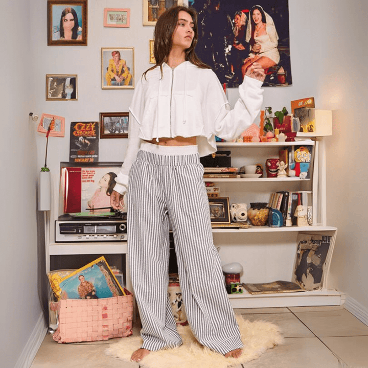 Bucket List Style P5501, Women's Striped Navy and White Seersucker Double Banded Pants, Elasticated waistband, High-rise Pull-on Waist layered design, Side Pockets 100% Cotton