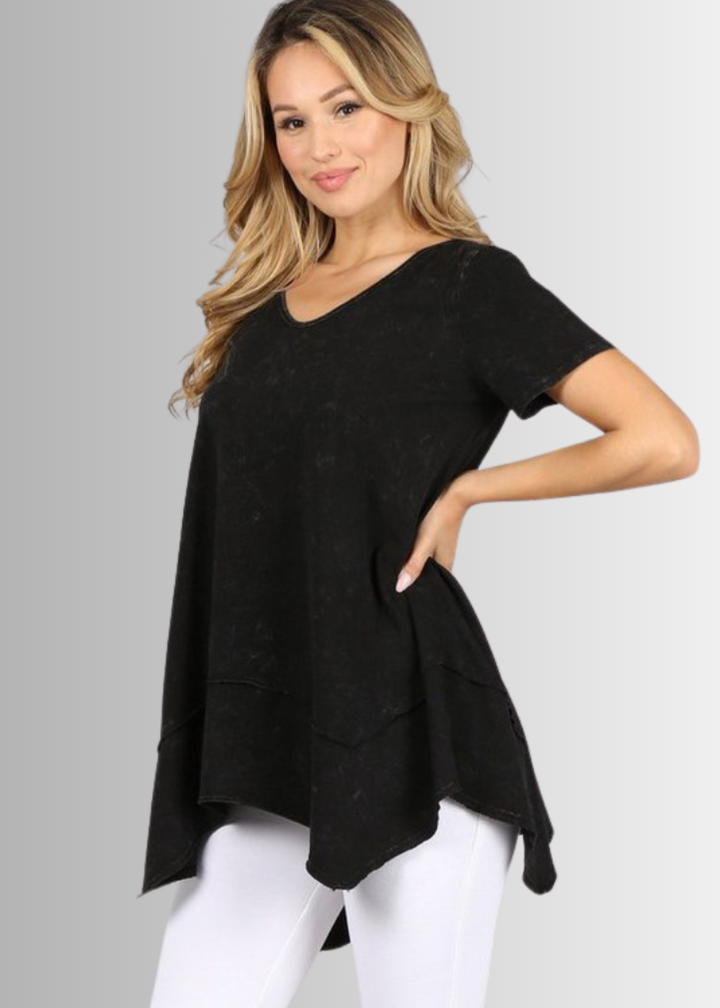 Made in USA Women's Cotton V-Neck Shark Bite Hem Casual Tee Made with USA Cotton  in Mineral Washed Black, raw edge detail and garment treated. Classy Cozy Cool Made in America Boutique