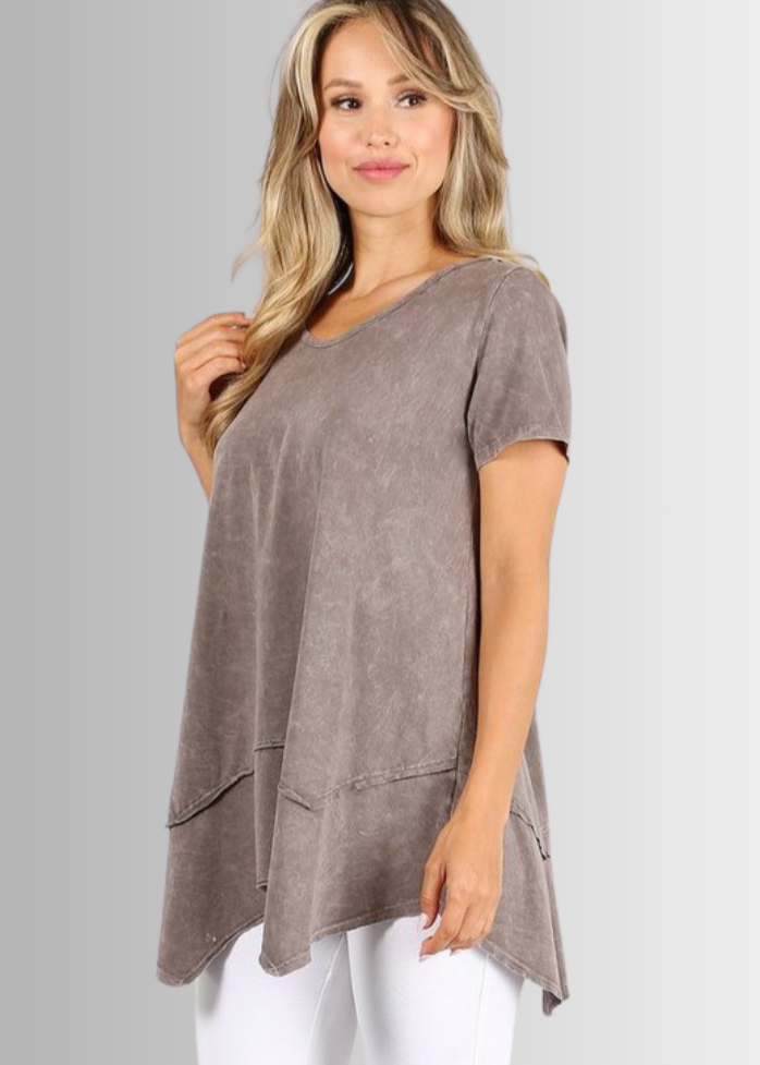 Made in USA Women's Cotton V-Neck Shark Bite Hem Casual Tee Made with USA Cotton  in Mineral Washed Taupe, raw edge detail and garment treated. Classy Cozy Cool Made in America Boutique