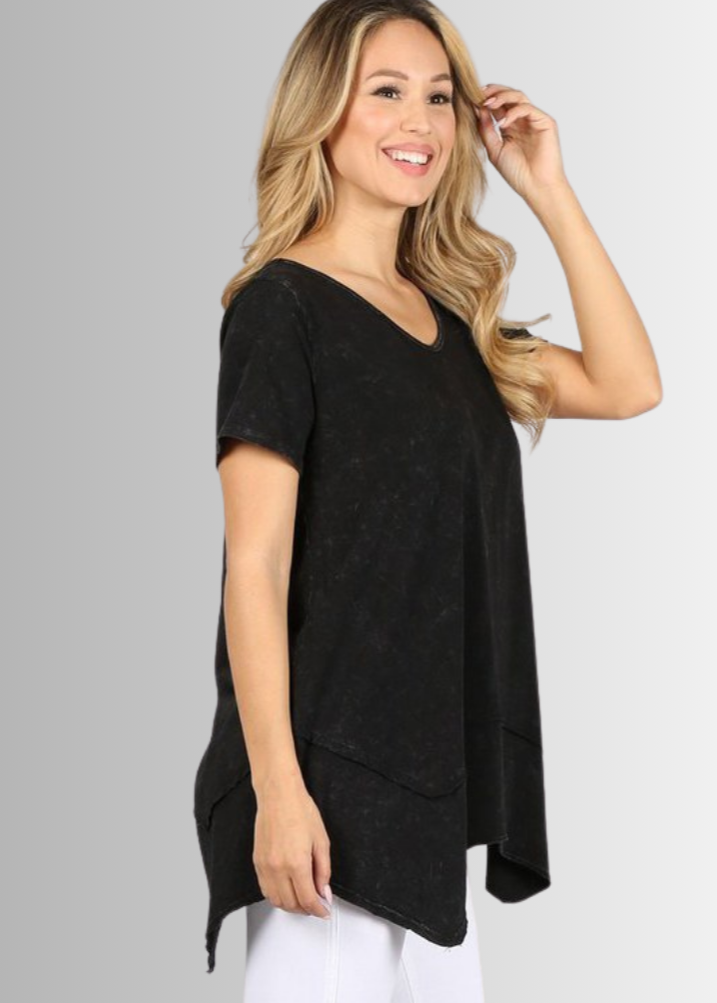 Made in USA Women's Cotton V-Neck Shark Bite Hem Casual Tee Made with USA Cotton  in Mineral Washed Black, raw edge detail and garment treated. Classy Cozy Cool Made in America Boutique