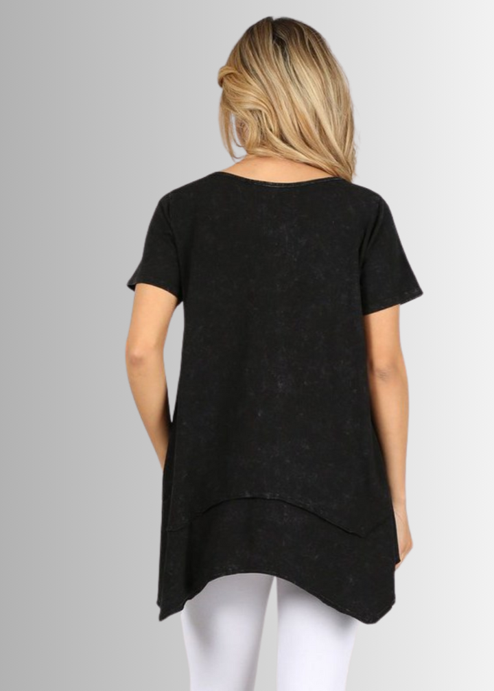 Made in USA Women's Cotton V-Neck Shark Bite Hem Casual Tee Made with USA Cotton  in Mineral Washed Black, raw edge detail and garment treated. Classy Cozy Cool Made in America Boutique