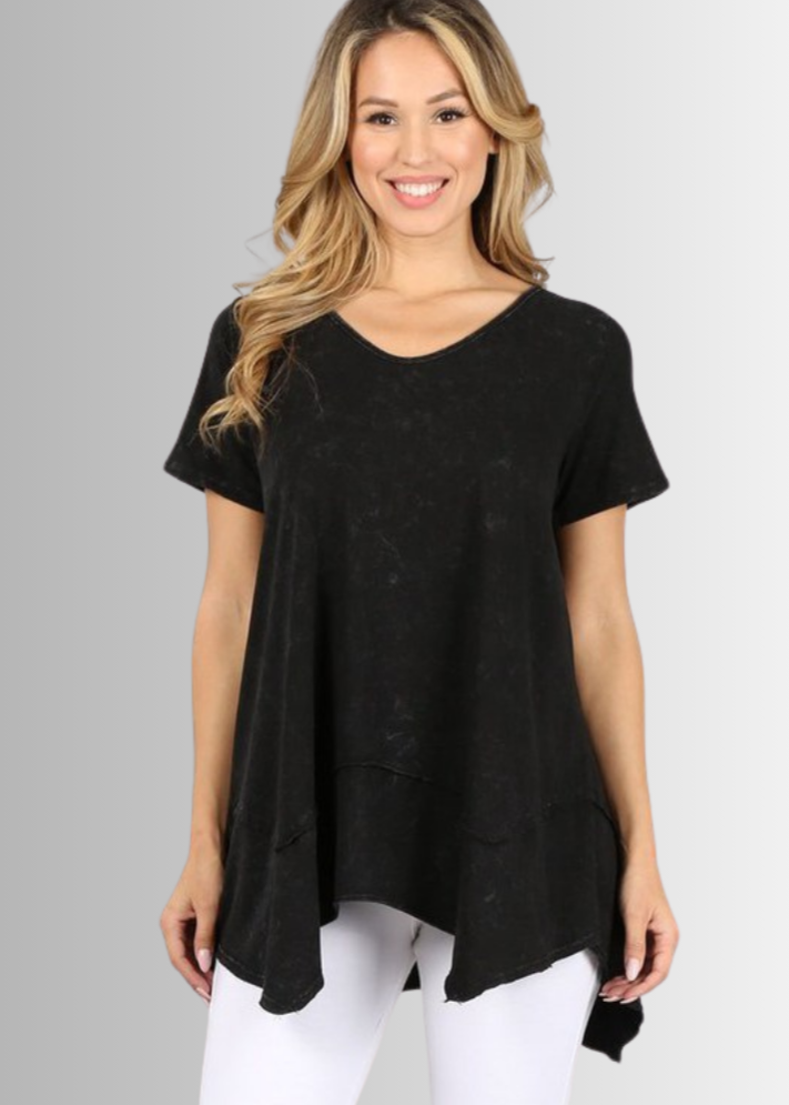Made in USA Women's Cotton V-Neck Shark Bite Hem Casual Tee Made with USA Cotton  in Mineral Washed Black, raw edge detail and garment treated. Classy Cozy Cool Made in America Boutique