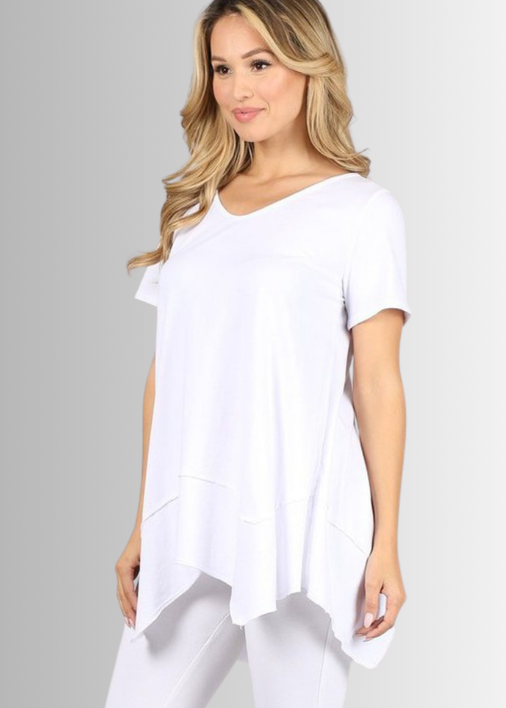 Made in USA Women's Cotton V-Neck Shark Bite Hem Casual Tee Made with USA Cotton  in White, raw edge detail and garment treated. Classy Cozy Cool Made in America Boutique