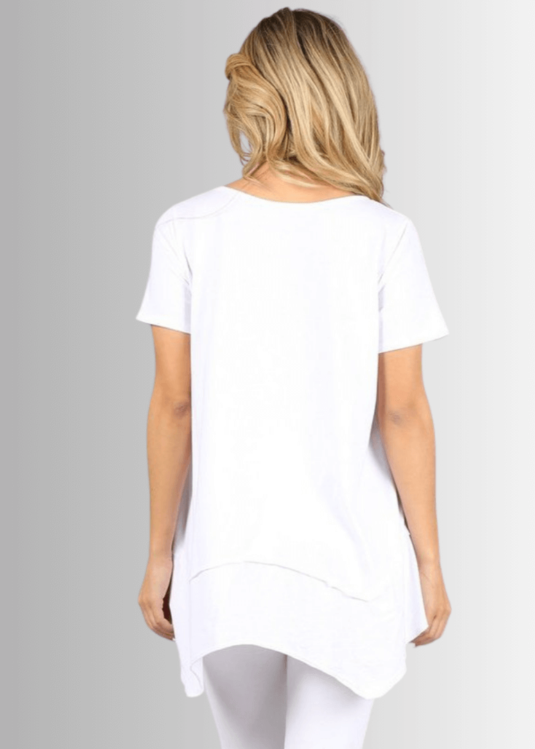 Made in USA Women's Cotton V-Neck Shark Bite Hem Casual Tee Made with USA Cotton  in White, raw edge detail and garment treated. Classy Cozy Cool Made in America Boutique