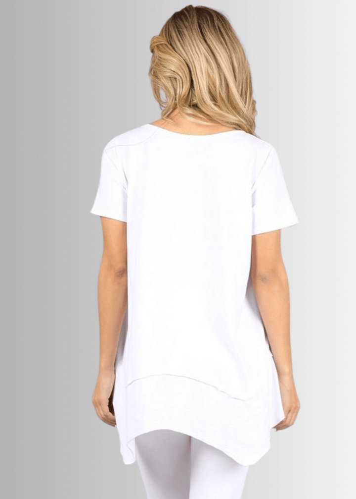 Made in USA Women's Cotton V-Neck Shark Bite Hem Casual Tee Made with USA Cotton  in White, raw edge detail and garment treated. Classy Cozy Cool Made in America Boutique