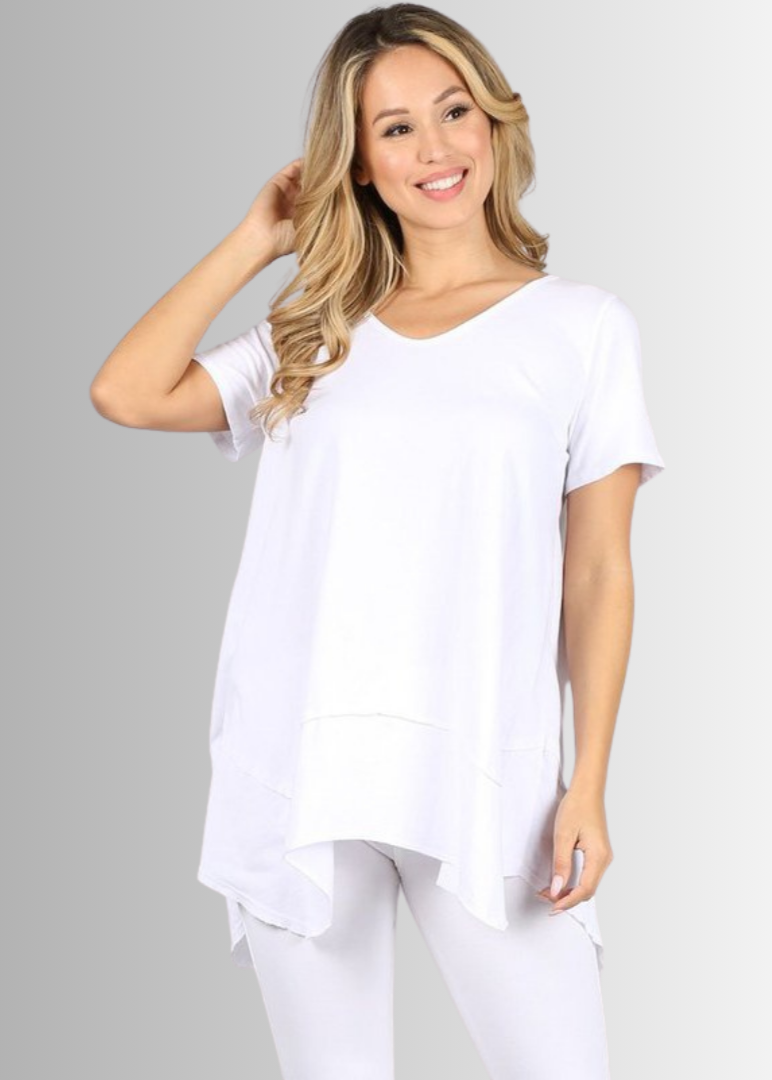 Made in USA Women's Cotton V-Neck Shark Bite Hem Casual Tee Made with USA Cotton  in White, raw edge detail and garment treated. Classy Cozy Cool Made in America Boutique