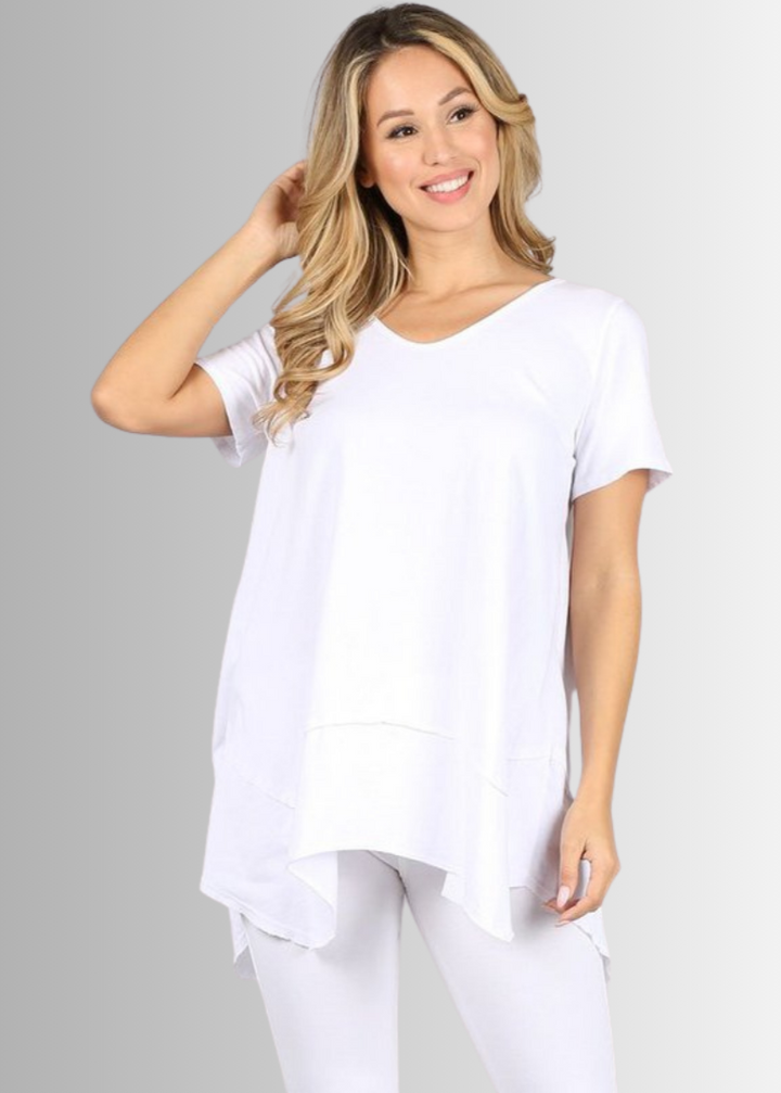 Made in USA Women's Cotton V-Neck Shark Bite Hem Casual Tee Made with USA Cotton  in White, raw edge detail and garment treated. Classy Cozy Cool Made in America Boutique