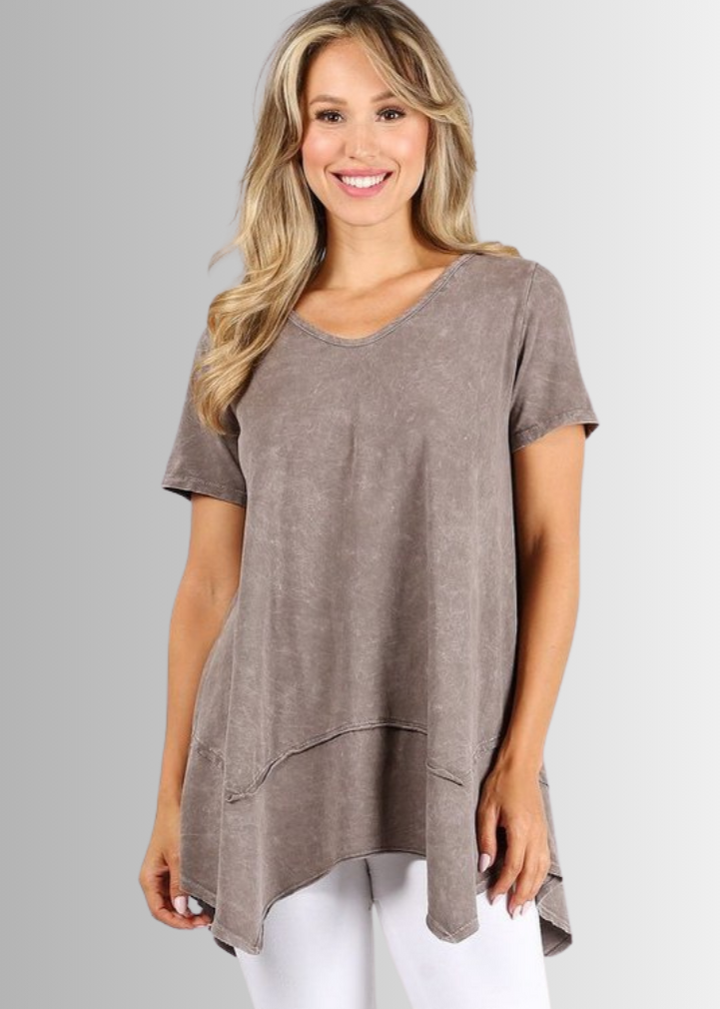 Made in USA Women's Cotton V-Neck Shark Bite Hem Casual Tee Made with USA Cotton  in Mineral Washed Taupe, raw edge detail and garment treated. Classy Cozy Cool Made in America Boutique