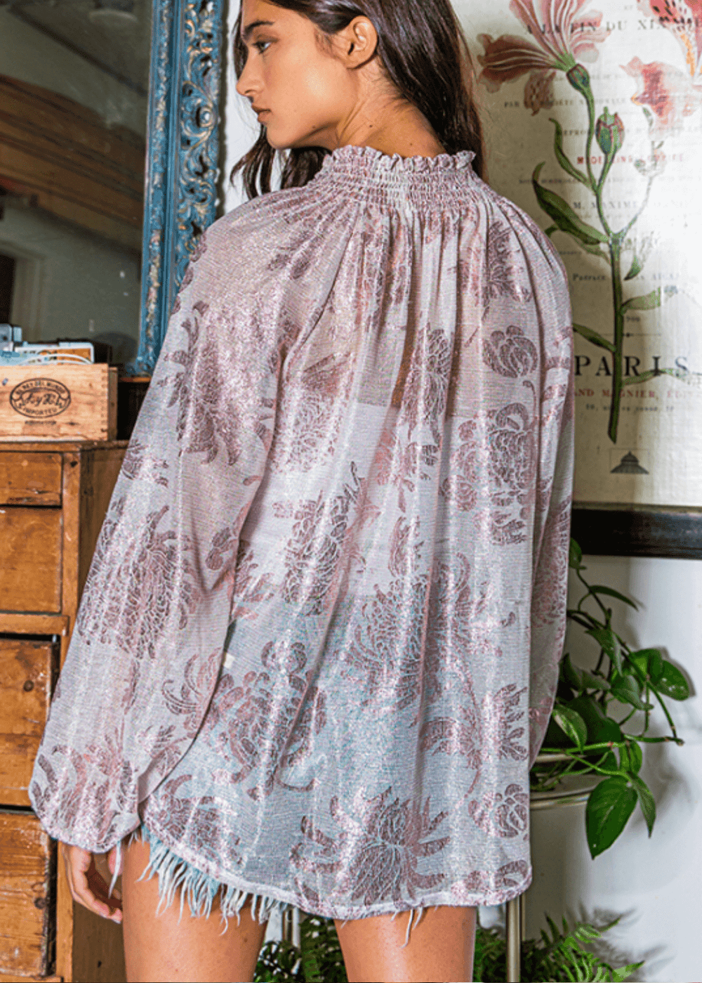 Made in USA | Ladies Sheer Floral Smocked Collar Dressy Blouse in Rose Pink with Metallic Accents | Style # T1048 | Classy Cozy Cool Women’s Clothing Boutique