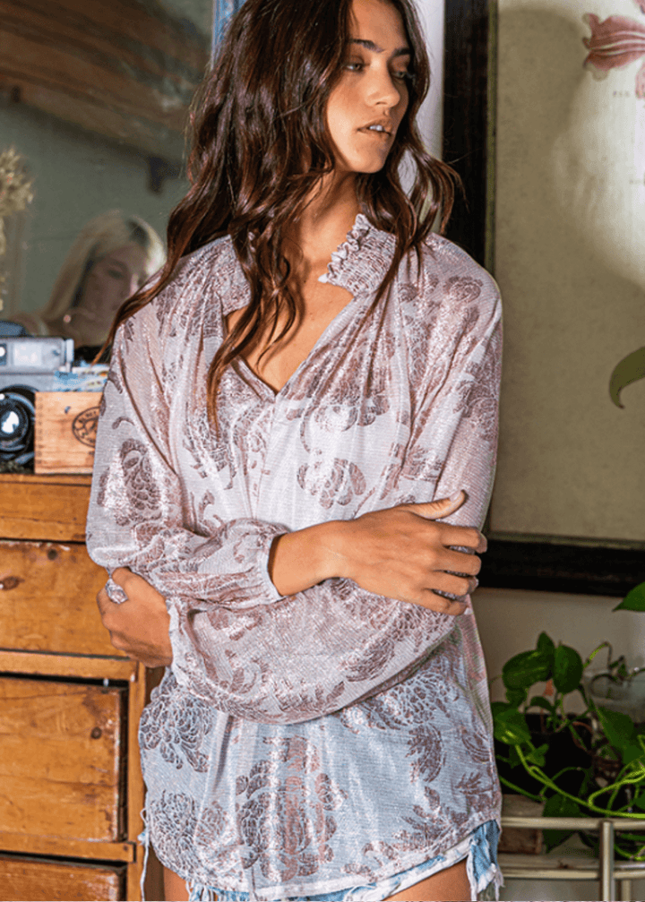 Made in USA | Ladies Sheer Floral Smocked Collar Dressy Blouse in Rose Pink with Metallic Accents | Style # T1048 | Classy Cozy Cool Women’s Clothing Boutique