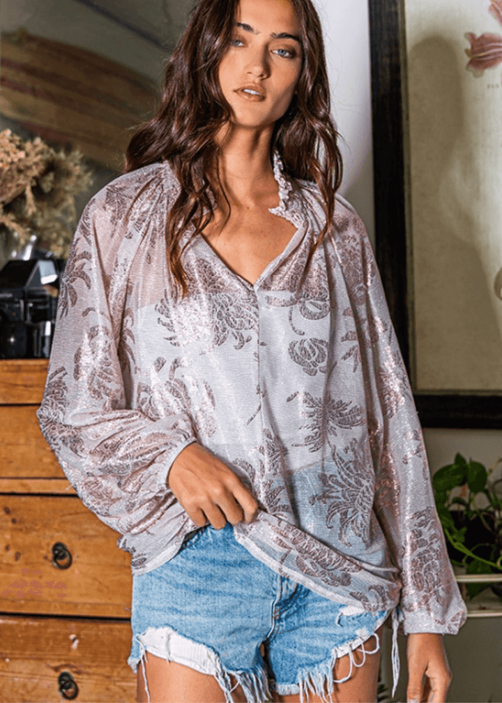 Made in USA | Ladies Sheer Floral Smocked Collar Dressy Blouse in Rose Pink with Metallic Accents | Style # T1048 | Classy Cozy Cool Women’s Clothing Boutique