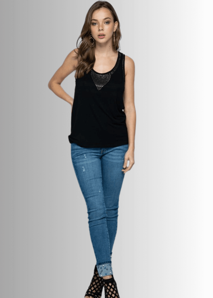 Made in USA Women's Studded Tank Top, Round Scoop Neck, Perfect for Layering Available in Off White, Heather Gray, and Black, Lightweight, Studded Detail, 95% Rayon 5% Spandex Style 18544T